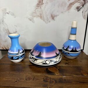 LOT of‎ 3 Navajo Pottery Rainbow Vase Vintage Signed & Stamped Bud Bowl OZ